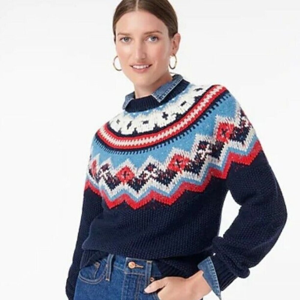 J Crew Sweater Zig Zag Fair Isle Lambswool Alpaca Raglan Blue Womens XS